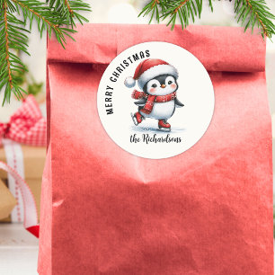 Adesivo Redondo Pinguim Fofo de Patinação no Gelo Natal Feliz Pers