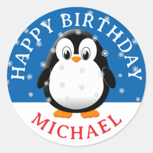 Adesivo Redondo Pinguim Fofo Desenho Animado Neve Aniversário Nome