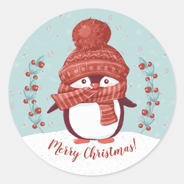 Adesivo Redondo Pinguim Fofo Feliz Natal (Frente)