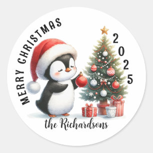 Adesivo Redondo Pinguim Fofo Moderno Personalizado Feliz Natal