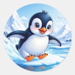 Adesivo Redondo Pinguim Fofo No Gelo Para Amantes Do Inverno
