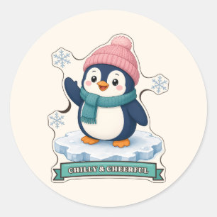 Adesivo Redondo Pinguim Frio e Alegre com um Chapéu de Pom Pom Ros