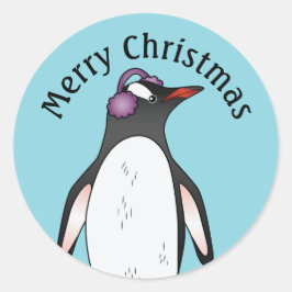 Adesivo Redondo Pinguim Gentoo Fofo Usando Proteção para os Ouvido