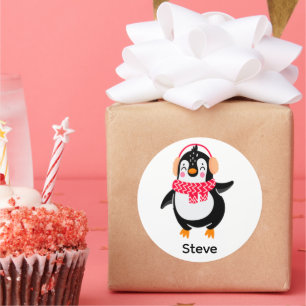 Adesivo Redondo Pinguim Jolly Natal em Scarf com Malgas