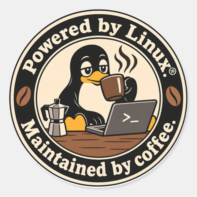 Adesivo Redondo Pinguim Linux Tux e café (Frente)