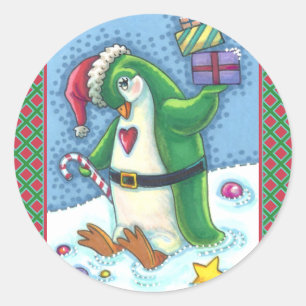 ADESIVO REDONDO PINGUIM NATAL CUTO VESTIDO EM VERDE, FERIADO