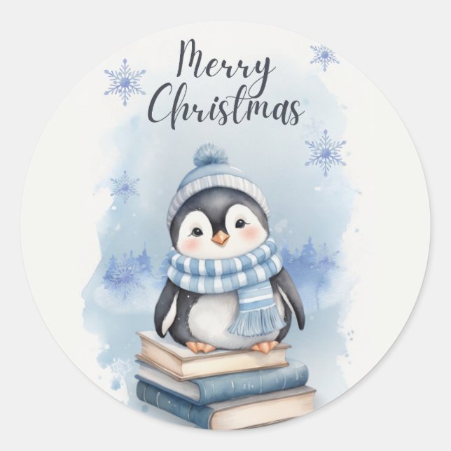 Adesivo Redondo Pinguim Natal de Watercolor (Frente)