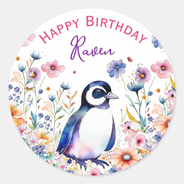 Adesivo Redondo Pinguim no Aniversário da Menina das Flores Person (Frente)