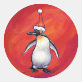 Adesivo Redondo Pinguim no Chapéu de Santa em Vermelho