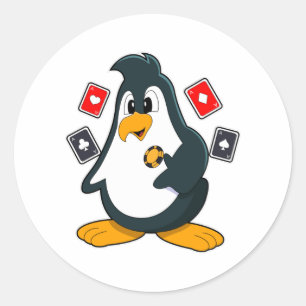 Adesivo Redondo Pinguim no Poker com cartões Poker