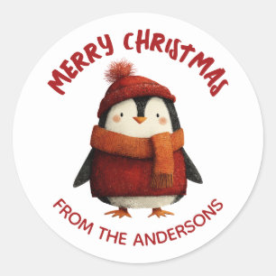 Adesivo Redondo Pinguim Pinguim Cáuque Feliz Natal de