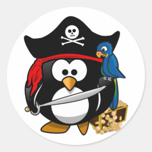 Adesivo Redondo Pinguim Pirata Bonito com Treasure Chest
