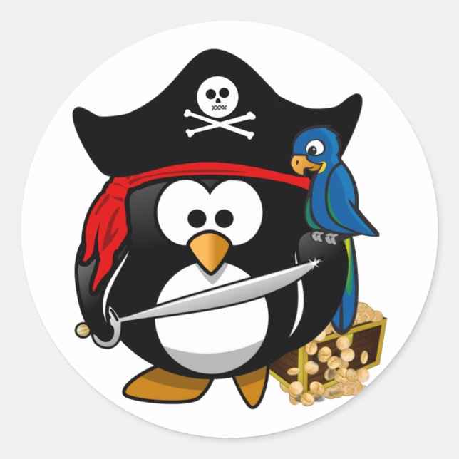 Adesivo Redondo Pinguim Pirata Bonito com Treasure Chest (Frente)