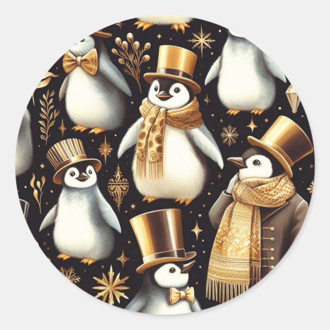 Adesivo Redondo Pinguim preto e Ouro (Frente)