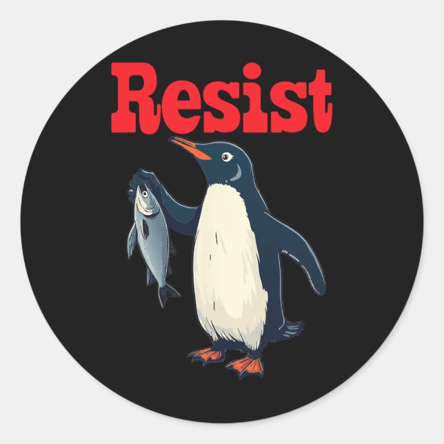 Adesivo Redondo Pinguim Resistente Segurando Peixe Protesto Gráfic (Frente)