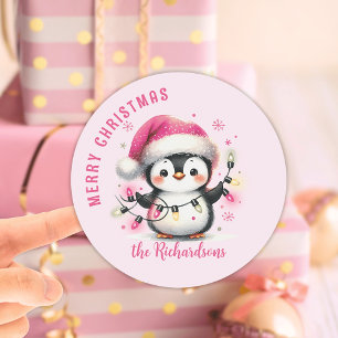 Adesivo Redondo Pinguim Rosa com Luzes Nome da Família Natal