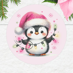 Adesivo Redondo Pinguim Rosa Fofo com Luzes de Natal