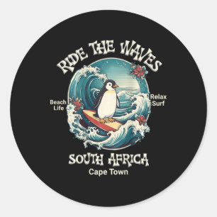 Adesivo Redondo Pinguim Surfando Ondas África do Sul Cape Cod Surf