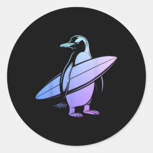 Adesivo Redondo Pinguim Surfista Prancha de Surfe Surfando Diverti