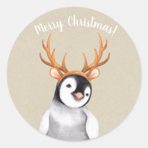 Adesivo Redondo Pinguim Vestindo Galhada de Rena Feriado Natal