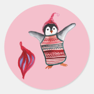 Adesivo Redondo Pinguim Vinheta de Natal