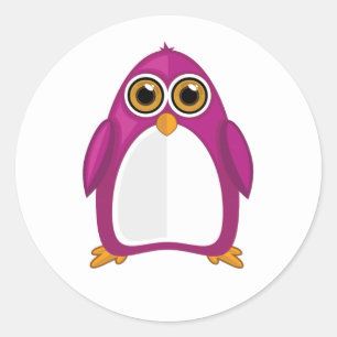 Adesivo Redondo Pinguim Violeta Vermelho Fofo Olhos Grandes Kawaii
