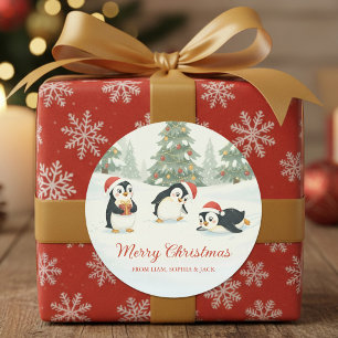 Adesivo Redondo Pinguins Adoráveis em Aquarela na Floresta de Nata