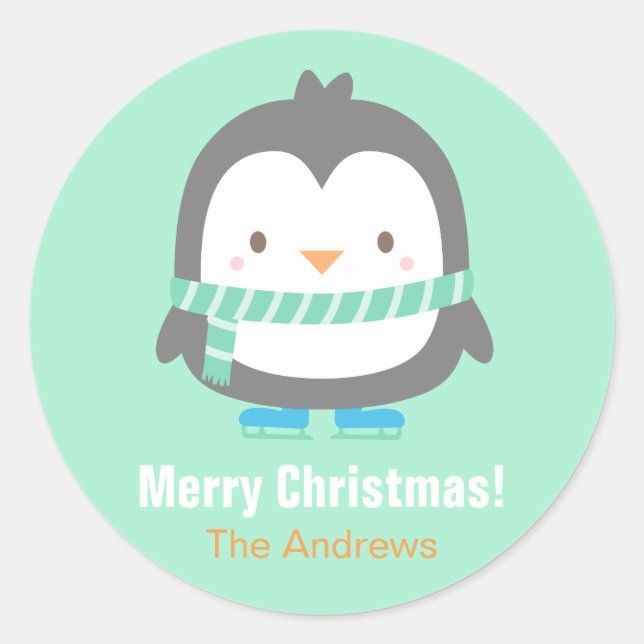Adesivo Redondo Pinguins bonitos Crianças de Natal Autocolantes (Frente)