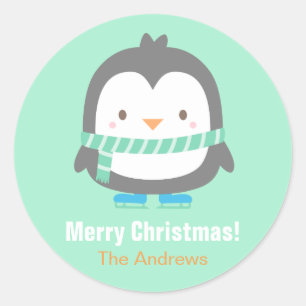 Adesivo Redondo Pinguins bonitos Crianças de Natal Autocolantes
