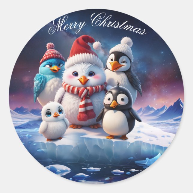 Adesivo Redondo Pinguins bonitos estilo cartoon, amigos. (Frente)