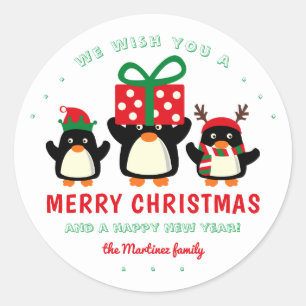 Adesivo Redondo Pinguins bonitos Felizes Natal