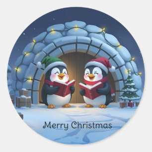Adesivo Redondo Pinguins Cantores de Natal de Desenho Animado Fofo