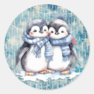 Adesivo Redondo Pinguins de Aquarela Azul-Inverno com Escarpas