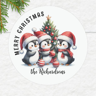 Adesivo Redondo Pinguins Divertidos Nome da Família Personalizado