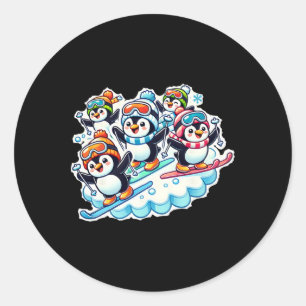 Adesivo Redondo Pinguins Esquiando Em Equipamento De Neve Aproveit