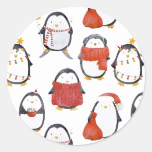 Adesivo Redondo Pinguins Festivos Fofos Padrão Natal