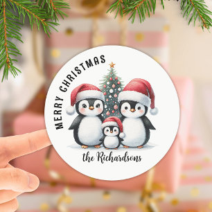 Adesivo Redondo Pinguins Fofos Nome da Família Personalizado Feliz
