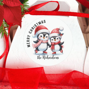 Adesivo Redondo Pinguins Fofos Patinando Feliz Natal