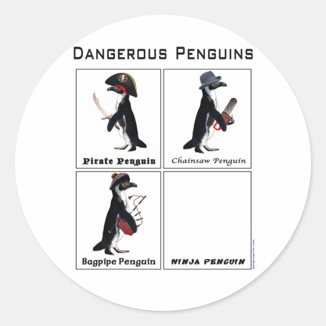 Adesivo Redondo pinguins perigosos (Frente)