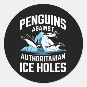 Adesivo Redondo Pinguins Trump Contra Buracos de Gelo Autoritários