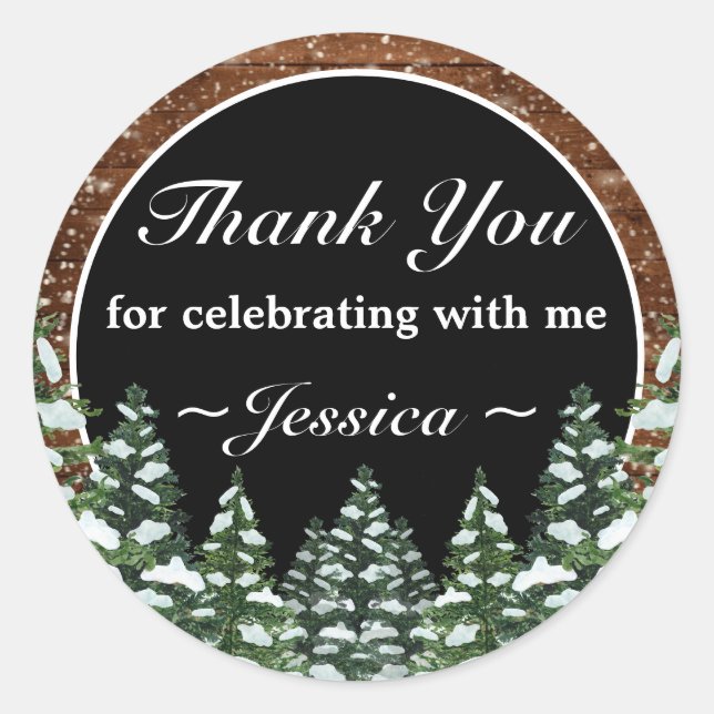 Adesivo Redondo Pinheiro da Floresta Neve Negra Aniversário Obriga (Frente)