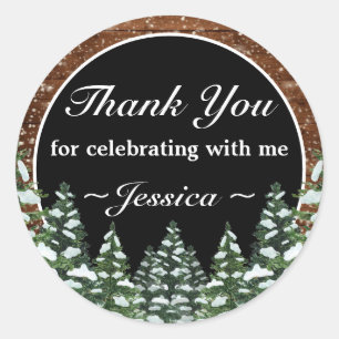 Adesivo Redondo Pinheiro da Floresta Neve Negra Aniversário Obriga