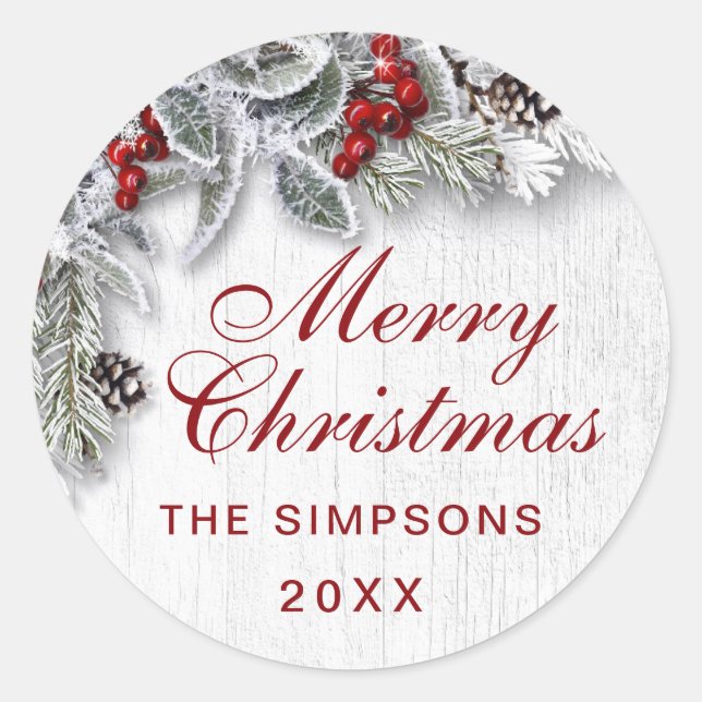 Adesivo Redondo Pinheiro de Natal Folha de Azevinho Rústico Férias (Frente)