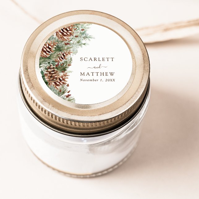 Adesivo Redondo Pinheiro Elegante (Elegant White Pinecone Greenery Classic Round Sticker by Painted Paperie
)