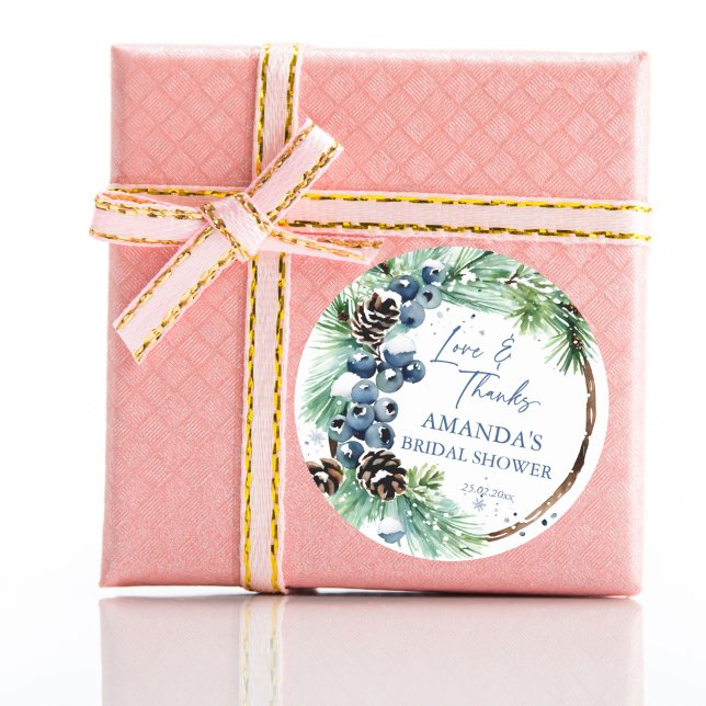 Adesivo Redondo Pinheiros com aquarela de chá de panela de inverno (Winter bridal shower watercolor pines wreath favor sticker winter blue berries thank you stickers)