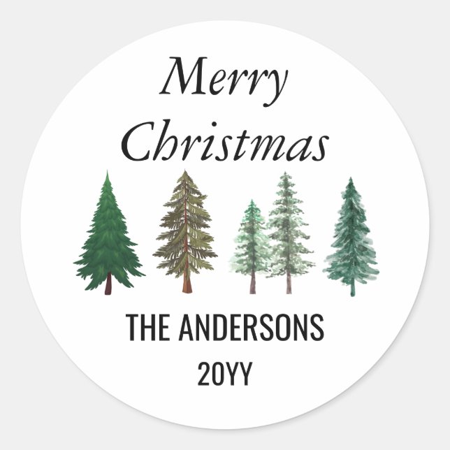 Adesivo Redondo Pinheiros Elegantes da Floresta Inverna Natal (Frente)