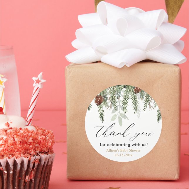 Adesivo Redondo Pinheiros russos de inverno chá de fraldas obrigad (Festa)