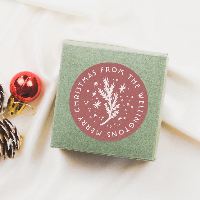 Adesivo Redondo Pinho Desenhado à Mão e Neve Vermelho Feliz Natal (Criador carregado)