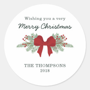 Adesivo Redondo Pinho e Tag vermelho do presente do Natal da fita