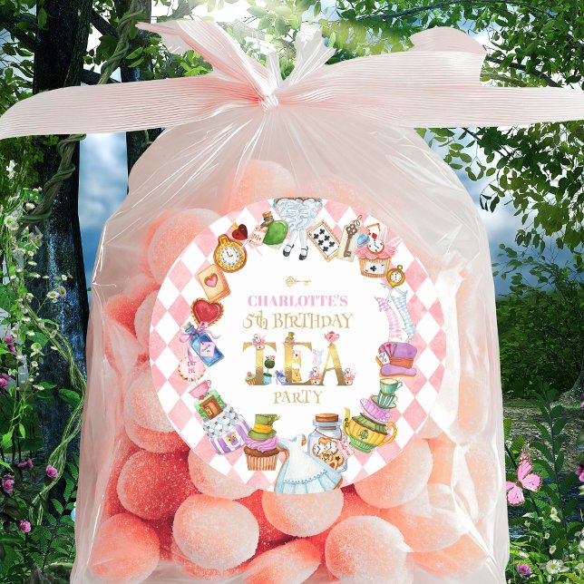 Adesivo Redondo Pink Alice in Wonderland 5th Birthday   (Criador carregado)
